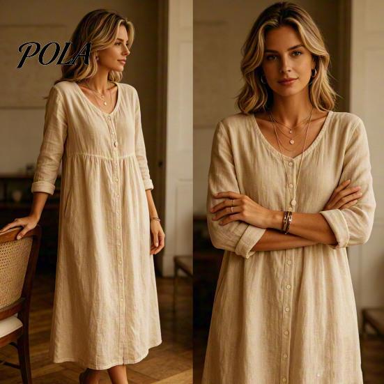 Women Summer Outfit Midi Dress for Women, Button Down Long Sleeve Versatile Party A-line Dress, Casual Loose V Neck Flowy Vacation Outfits Mid-length