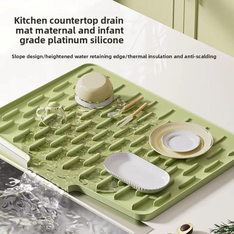 Built-in Drain Design Silicone Sink Mat Tilted Design Non-Slip Kitchen Countertop Drain Pad Drip-Free Prevents Water Build Up