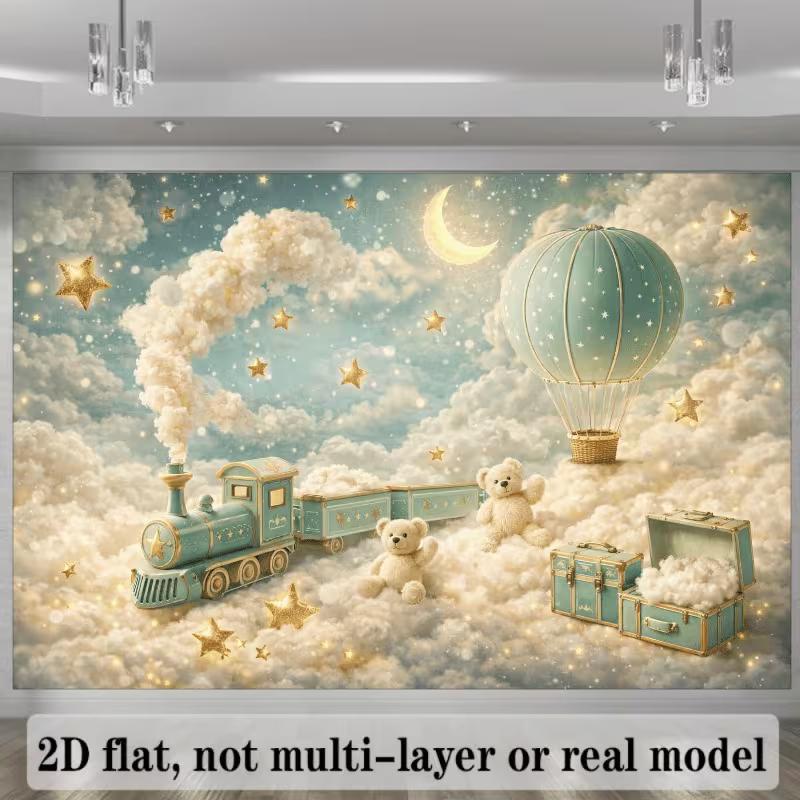 2D Enchanted Nursery Backdrop, Pastel Sky with Train, Balloon and Glitter Stars for Kids Birthday
