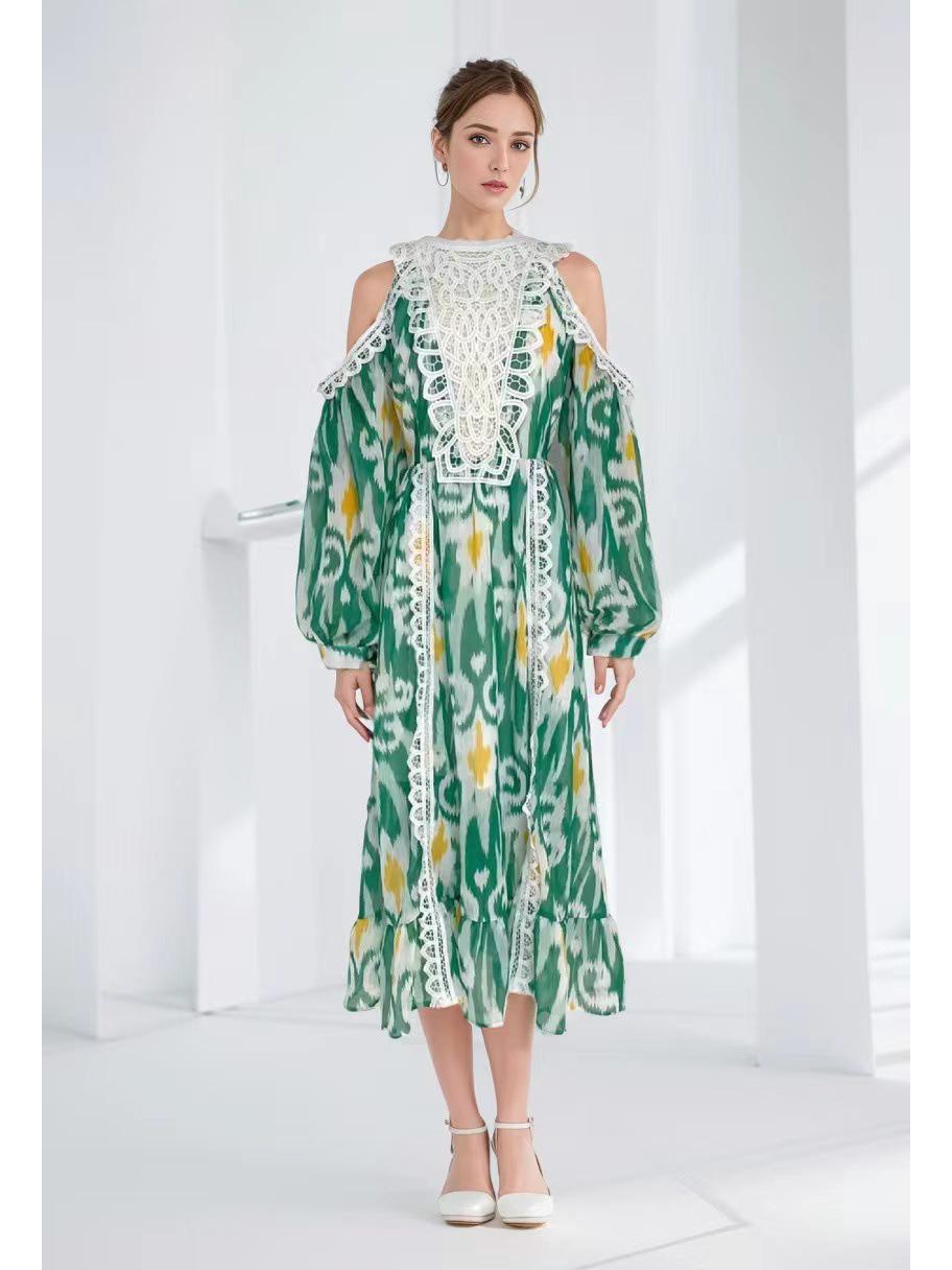 

Весеннее длинное платье с круглым вырезом, рукавами-фонариками и кружевным принтом Extra Large зелёный