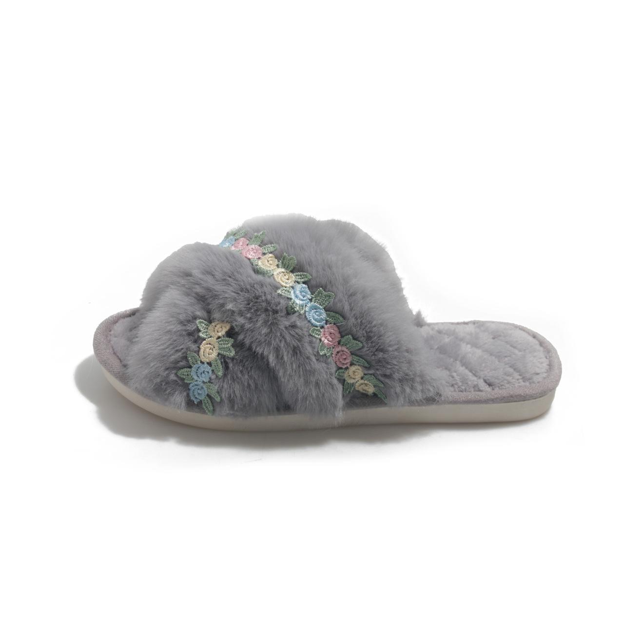 Модные домашние тапочки с цветочным узором и перекрестными ремешками для женщин осенние и зимние теплые плюшевые тапочки хлопковая обувь для дома и спальни 36-37 серый 2674₽