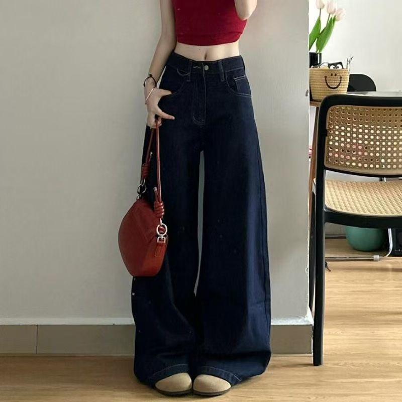 Damen Plus Size Hohe Taille Weiter Bein Tiefblau Samt Jeans - Retro Locker Bodenlang Hosen