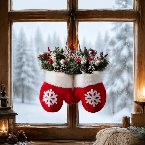 Traditional Red White Wreath Christmas Mitten/Stocking Wreath, Decorative Artificial with Berries Pine Cones, Farmhouse Style Door Hanger Branches,