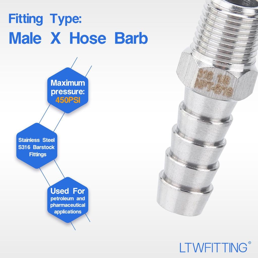 LTWFITTING Bar Production Stainless Steel 316 Barb Fitting Coupler/Connector 5/16" Hose ID X 1/8" Male NPT Air Fuel Water (Pack of 25)
