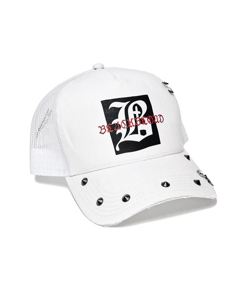 BLACKBLOND Vividi Graphic Logo Studded Trucker Mesh Cap (White)
