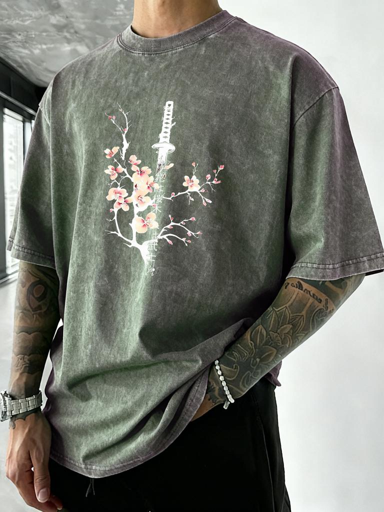 Japanese Cherry Blossom Sword Print Mens Washed TShirt Summer Cotton Short Sleeve Sport Running T Shirt Casual Loose Top