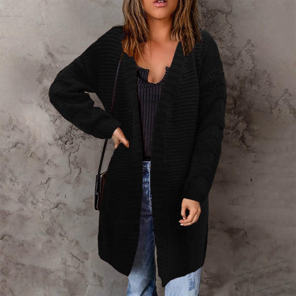 Women's Fashionable Loose Fitting Solid Color Medium Length Knitted Sweater Cardigan Jacket