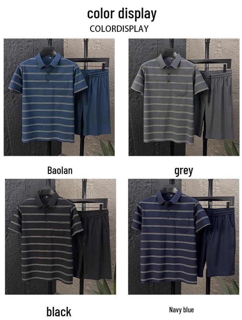 Men's High-End Summer Ice Silk Striped Polo and Shorts Set