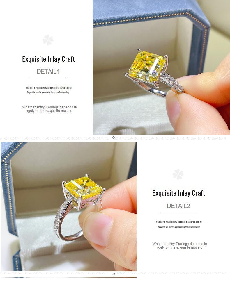 Yellow Moissanite Micro-Pavé Square Ring - Stylish Women's European American Cross-Border Bestseller