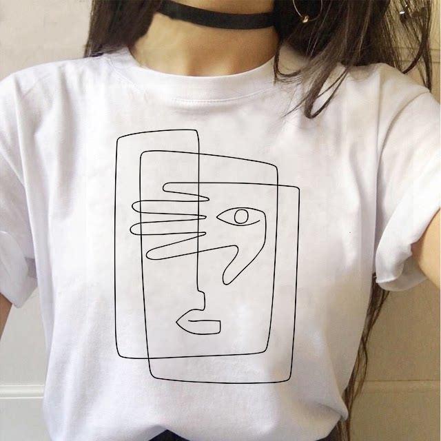 Minimalist Art Line Face European and American Pure Cotton Printed Unisexs and Womens Fashion Tshirt New Personalized Tshirt