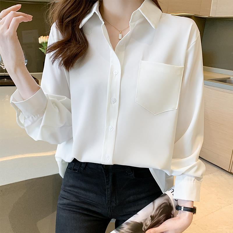 White shirt women's spring retro western-style design niche top simple temperament slimming long sleeved shirt