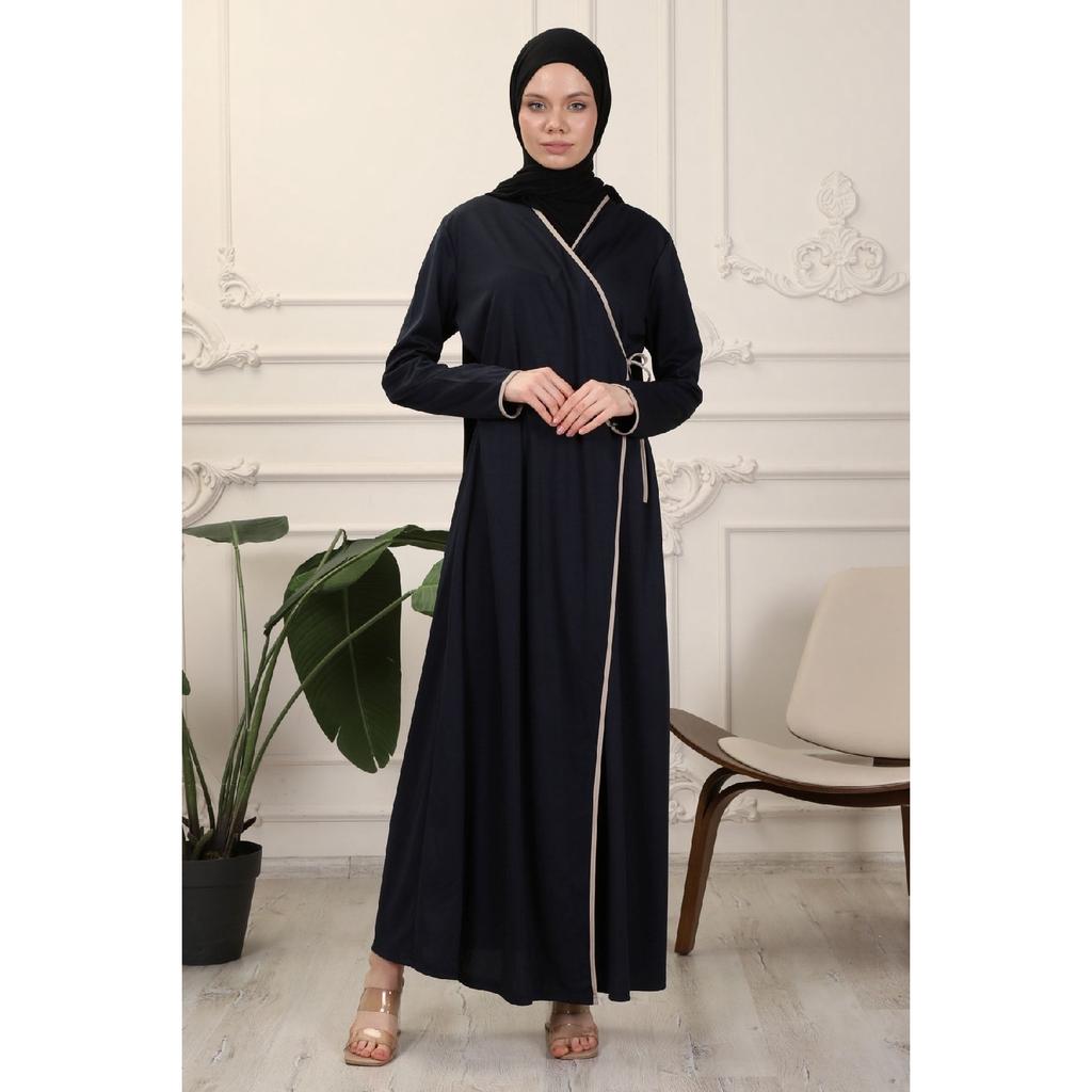 Black Double Breasted Neck Piping Flexible Interlock Fabric Prayer Dress