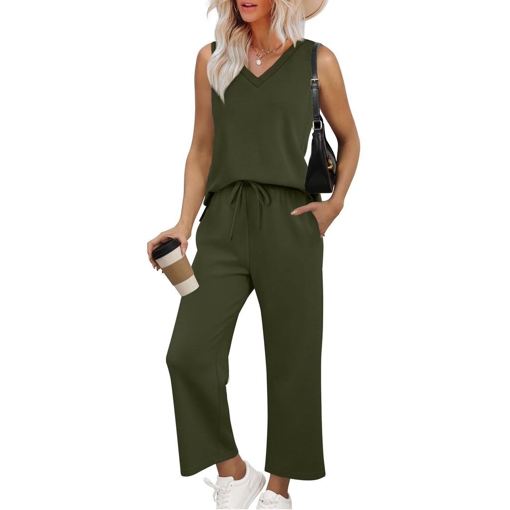 Women's Casual Fashion Sleeveless V-Neck Loose Wide Leg Pants Set