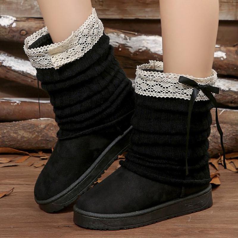 Fashion Sweet Lace Bowknot Snow Boots Women Faux Suede Knitted Snow Boots Woman Winter Platform Soft Soles Thick Warm Booties Female
