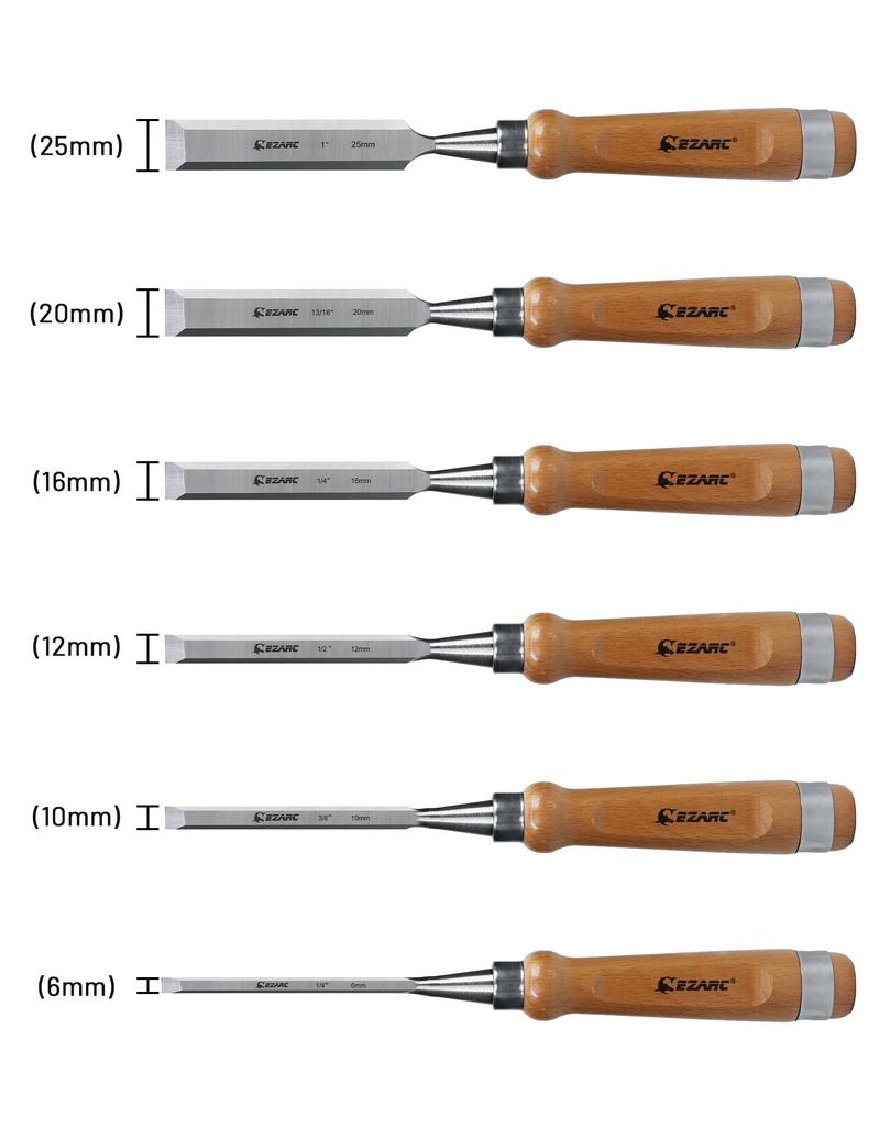 EZARC 6-Piece Woodworking Chisel Set, 6/10/12/16/20/25mm, Excellent Sharpness, Professional Grade, Beechwood Handle, Carpentry Tools, Wooden Box
