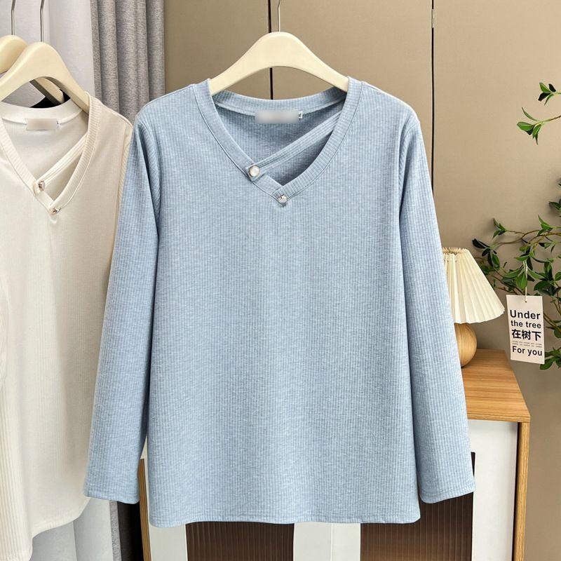 Plus Size Women's Fashion V-neck Shoulder Long-sleeved T-shirt with Bottoming Shirt In Autumn