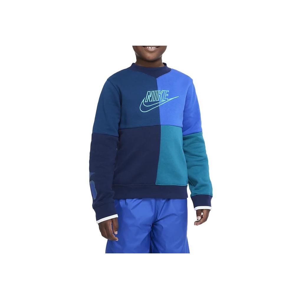 Nike Kids Color Block Logo Embroidered Round Neck Long Sleeve Sweatshirt Kids sweatshirt Blue DQ8819-411