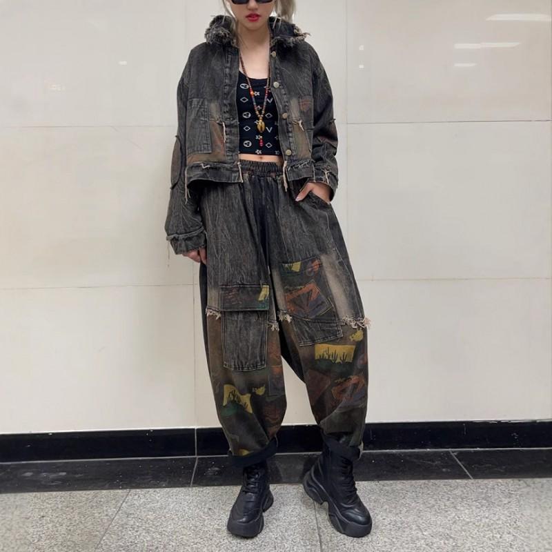 Womens Vintage Denim 2-Piece Set Loose Long Sleeve Jacket Harem Pants Fashion
