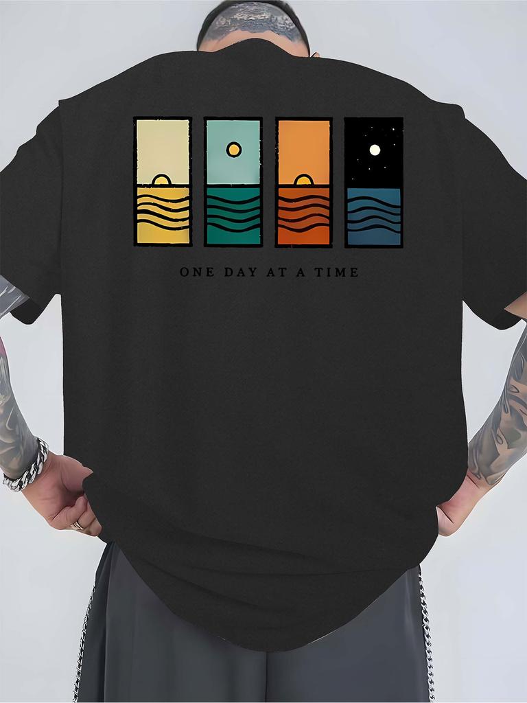 Unisex O Neck Tee Day Night Ocean View Graphic Text Print Cotton Short Sleeve Loose Summer Breathable Daily Casual Basic Wear Top