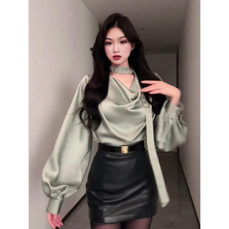 2025 High-End Satin Shirt & Leather Skirt Set in Green L