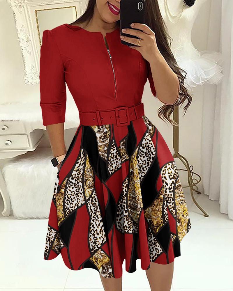 Women's Round Neck 3/4 Sleeve Geometric Print Midi Dress With Belt African Ethnic Office Swing Dress