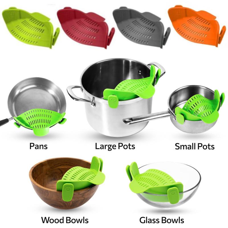 On Strainer Clip Pan Silicone Pot Drainer Fruit Colander Food Kitchen Filter