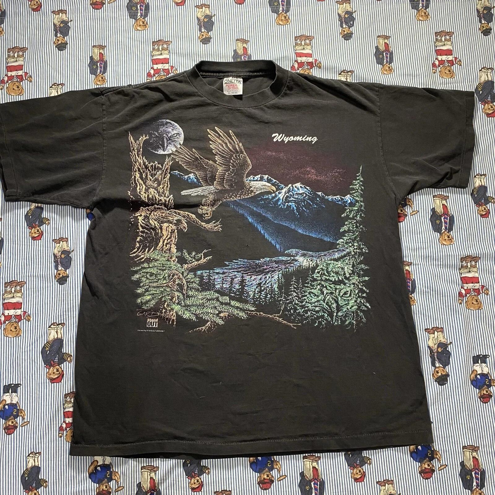 

VTG Oneita Wyoming Eagle Mountain Graphic T shirt Adult XL USA Black Gardner USA 2XL