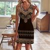 Damen Paisley-Print Reißverschluss V-Ausschnitt Minikleid Bohemian Ärmellos Bodycon Kleid