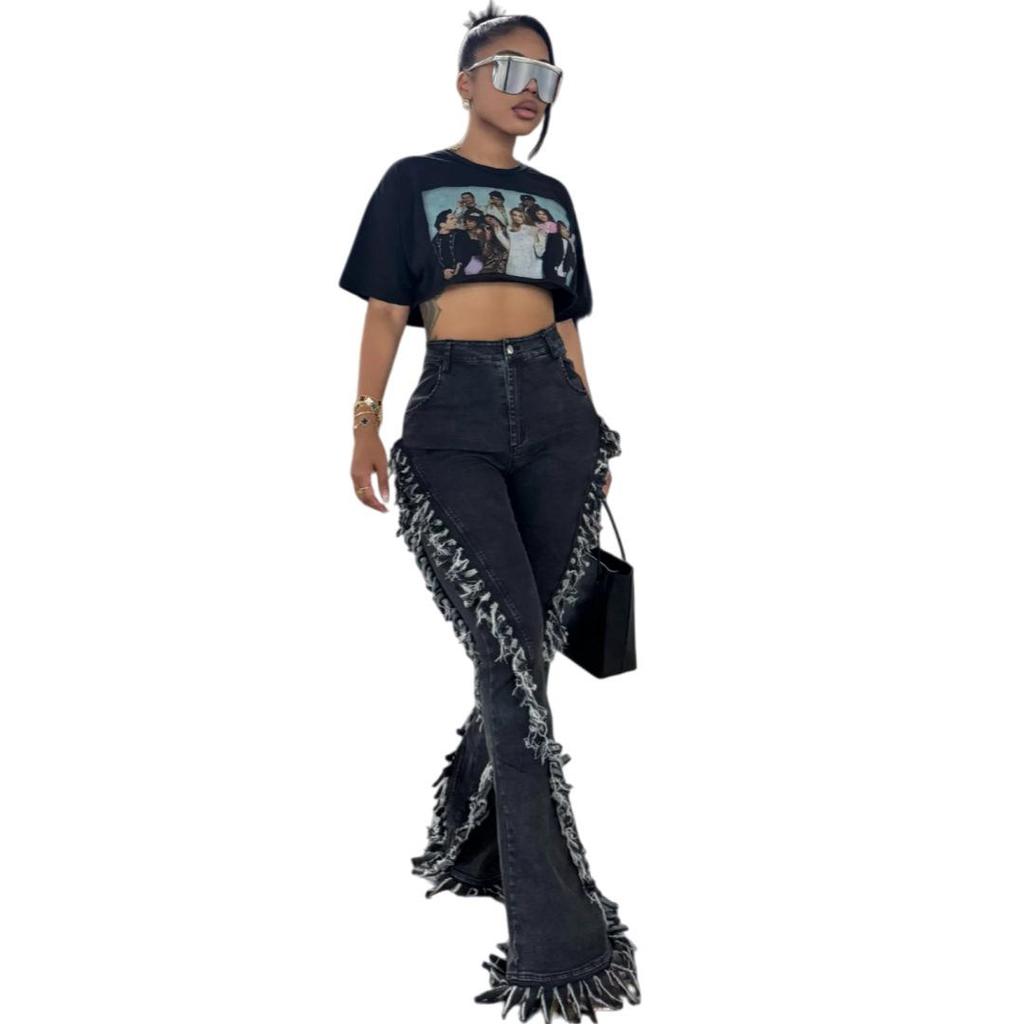 Women's Tassel Raw Hem Slim Flare Denim Pants