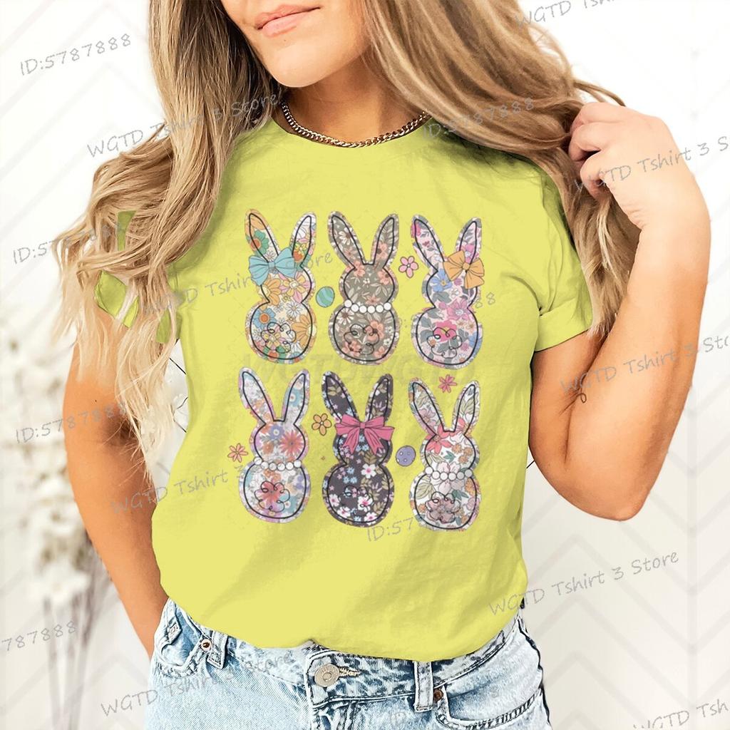 Retro Easter Bunny Floral Design Women Tshirt Graphic Gift for Easter Day Classic Tops Tees Flower Abbit Bunny Vintage T Shirts