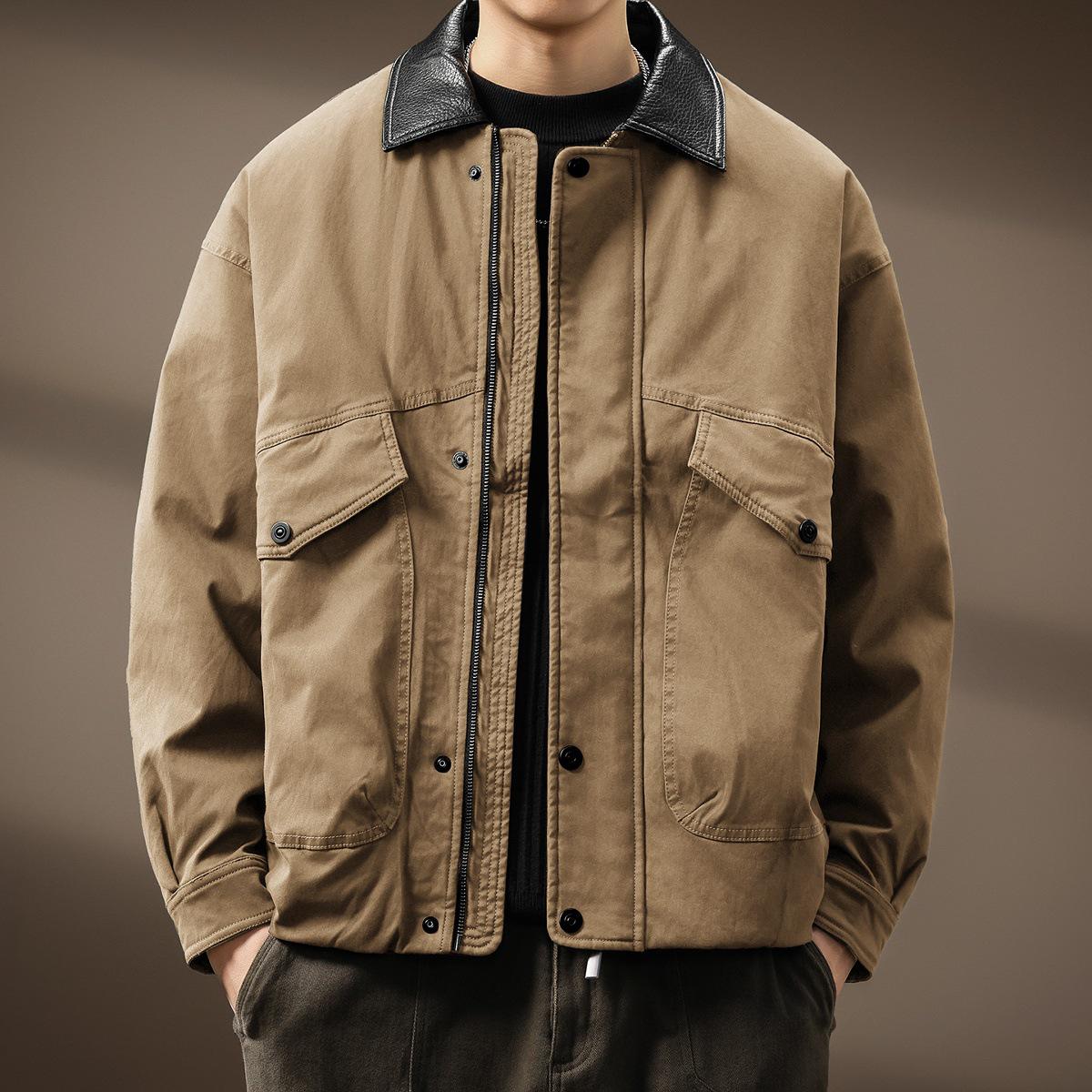 High-End Retro Leather Collar Men s Winter Down Jacket with 90% White Duck Down XL fits 150-170 jin хаки