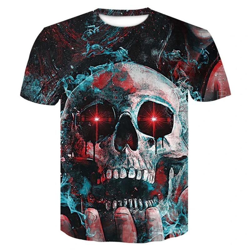 Tricou cu model craniu imprimat 3D, de vară, pentru bărbați, stil hip hop stradal, top supradimensionat, confortabil, casual, cu gât rotund
