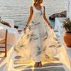 Sleeveless Maxi Beach Dress Minimalist Leaf Pattern,Lightweight Flowy Skirt,Fresh Natural Vibe,Perfect for Vacation,Daily Wear Spring Fall Layering