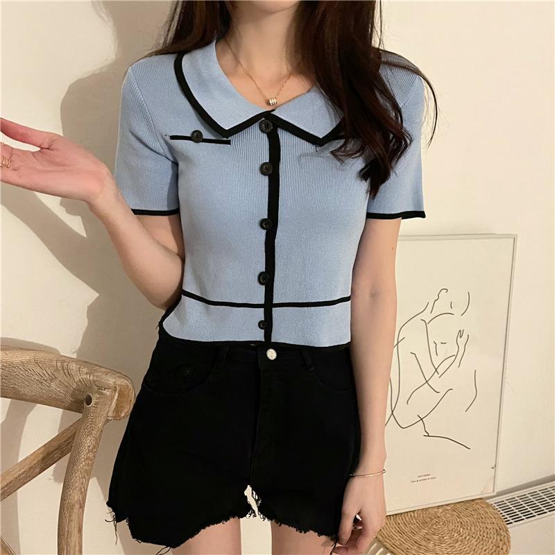 Summer New Loose Ice Silk Short-sleeved T-shirt Women Design Sense High Waist Short Shirt Polo Shirt Blouse Women