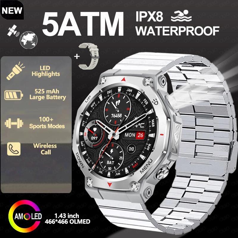 2026 New Flashlight-UV Light Smart Watch 5ATM Waterproof 1.43 Inch AMOLED Heart Rate 100 Sport Modes Bluetooth Call Smart Watch
