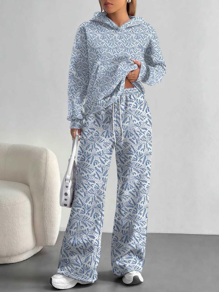 Europe, America Autumn and Winter 1116 Casual Retro Flower Long-sleeved Suit Women's Hooded Sweater Trousers Two-piece Set