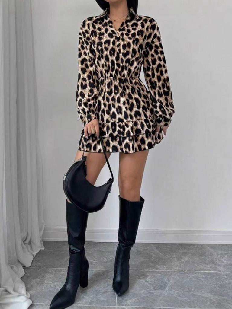 Autumn New Leopard Print V-Neck Long Sleeve Sexy Dress