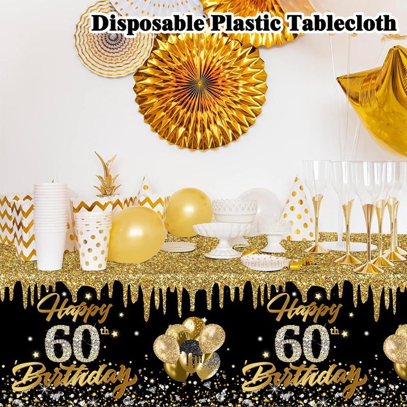 1pc Black and Gold Disposable Plastic Tablecloth for 30th, 40th, 50th, 60th Birthday Party Decorations Family Gathering