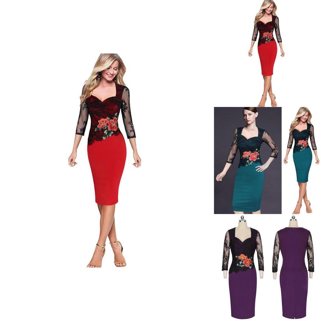 Office Women Sexy V-neck Lace Embroidered Floral Cocktail Evening Party Dress In Premium Quality Fabric