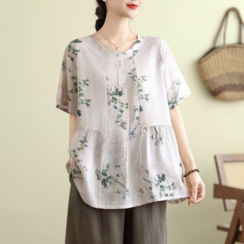 Summer Women's Floral Print Peplum Blouse Loose Crew Neck Short Sleeve Casual Top