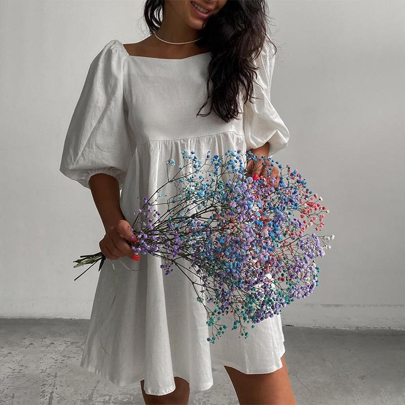 Miniabito a maniche a sbuffo monocolore: Monospalla con Scollo Quadrato e Sette Colori Primavera/Estate