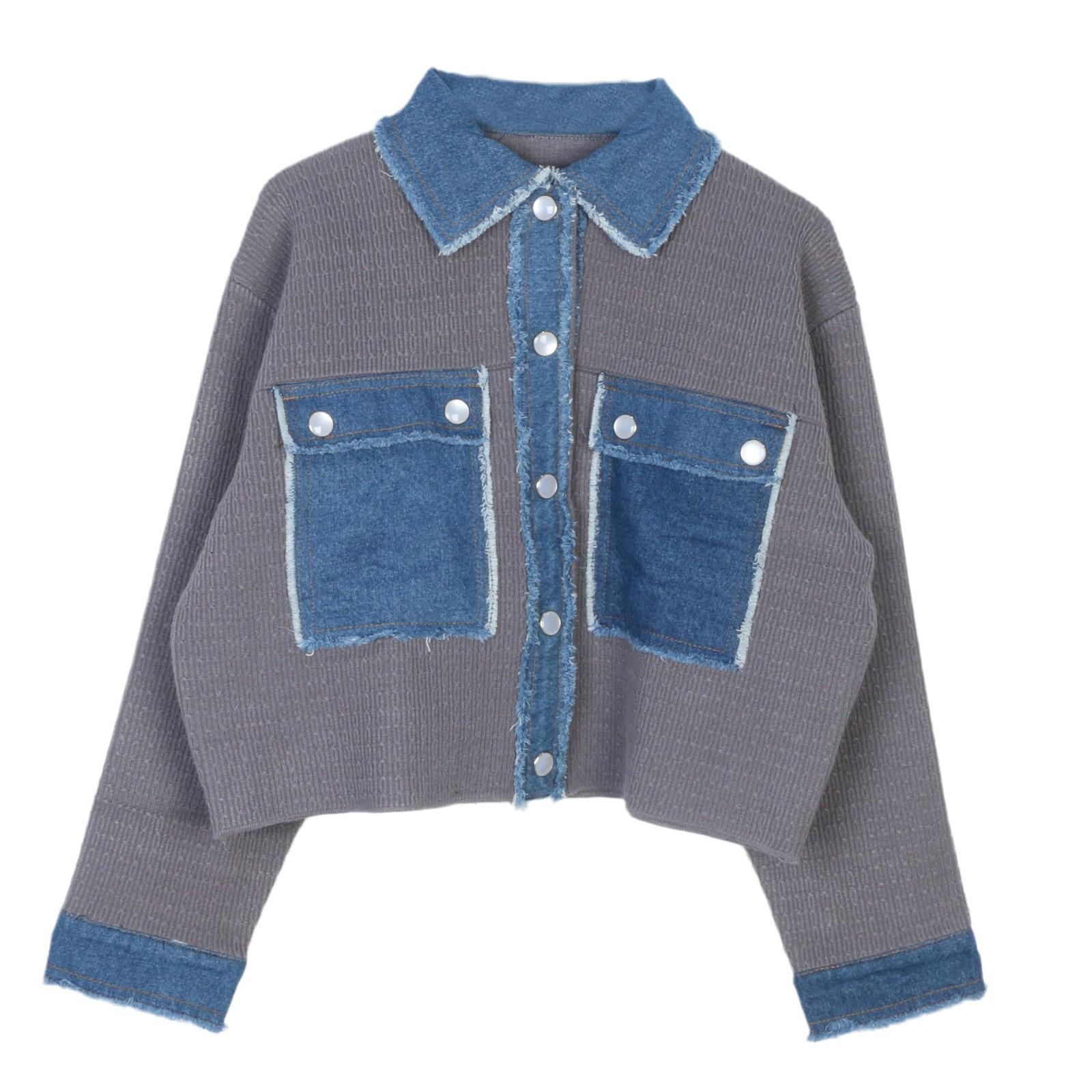 

Женский вязаный кардиган S Family в стиле пэчворк из денима - Осенне-зимний тренд, лацкан, рваный край, карман, длинный рукав. Small