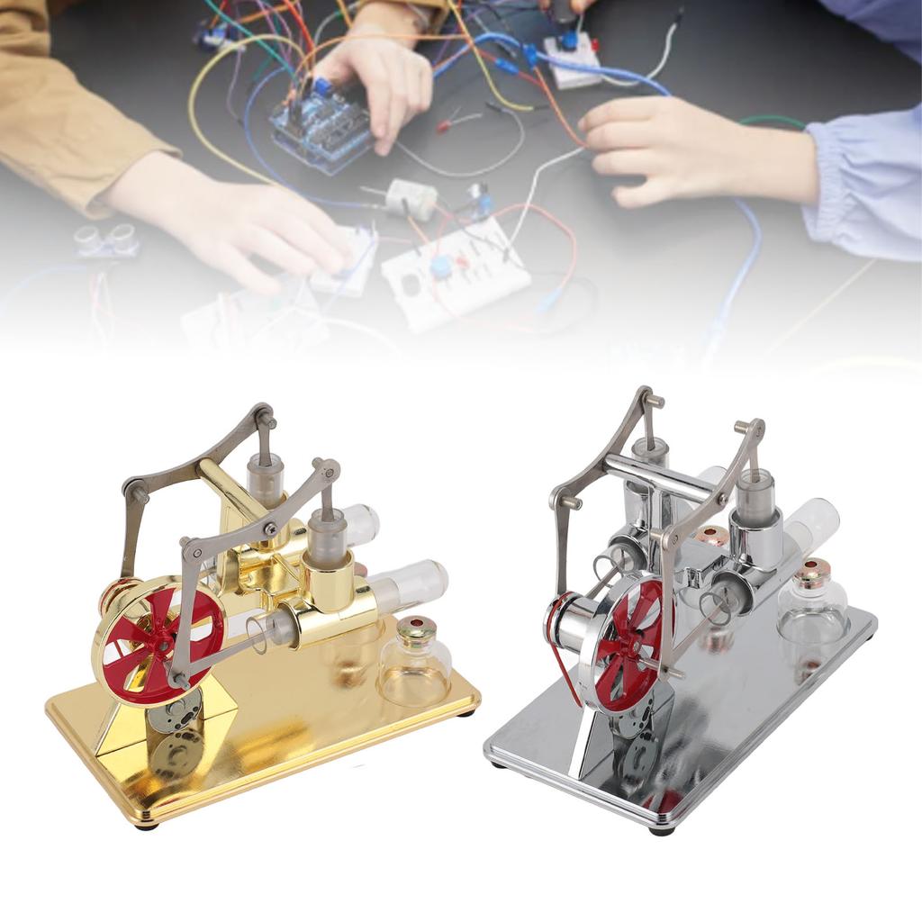 Stirling Engine Model Kit Early Educational Double Cylinder All Metal Wooden Base Stirling Engine Mo