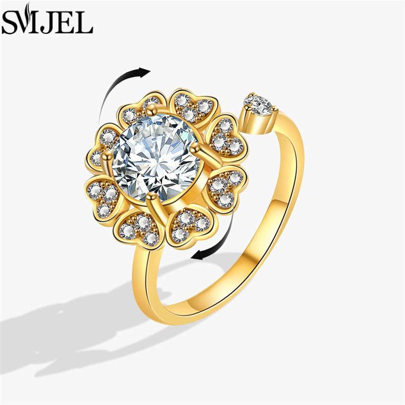 Luxury Anti Stress Anxiety Rings Fidget Spinner Ring Adjustable for Women Cute Flower Cat Starfish Ring Rotating Freely Jewelry