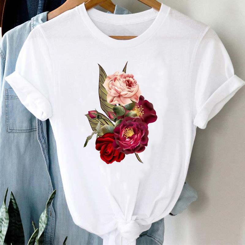 Lovely Flower Tee Top Fashion T Shirt Clothing 90s Sweet Trend Casual Short Sleeve Women Print Lady Female Graphic T-shirt