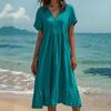 Women Summer Dress Button V Neck Short Sleeve Loose Fit Flowy Beach Sundress Ruffled A-line Swing Casual Midi Dress