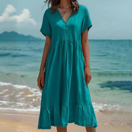 Women Summer Dress Button V Neck Short Sleeve Loose Fit Flowy Beach Sundress Ruffled A-line Swing Casual Midi Dress