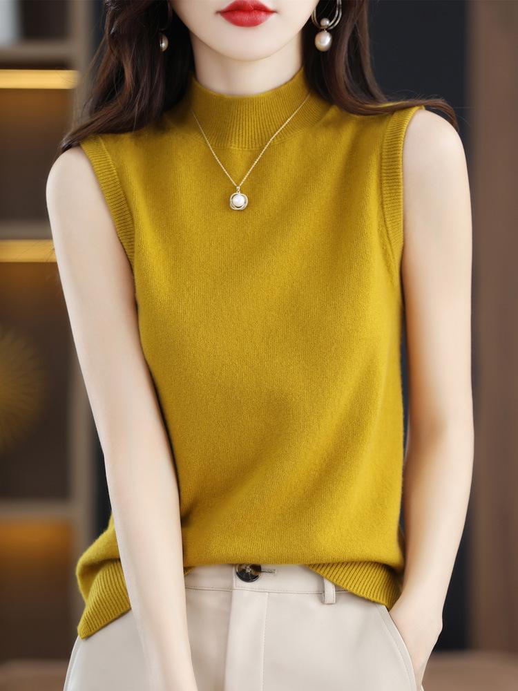 Women's Sleeveless High Neck Loose Knit Top - Black Autumn Base Layer