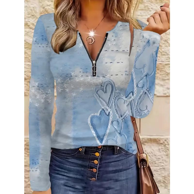 Women's Elegant Printed Zipper Long-sleeved Top, Stylish and Versatile for Autumn and Winter Casual and Office Wear, Machine Washable