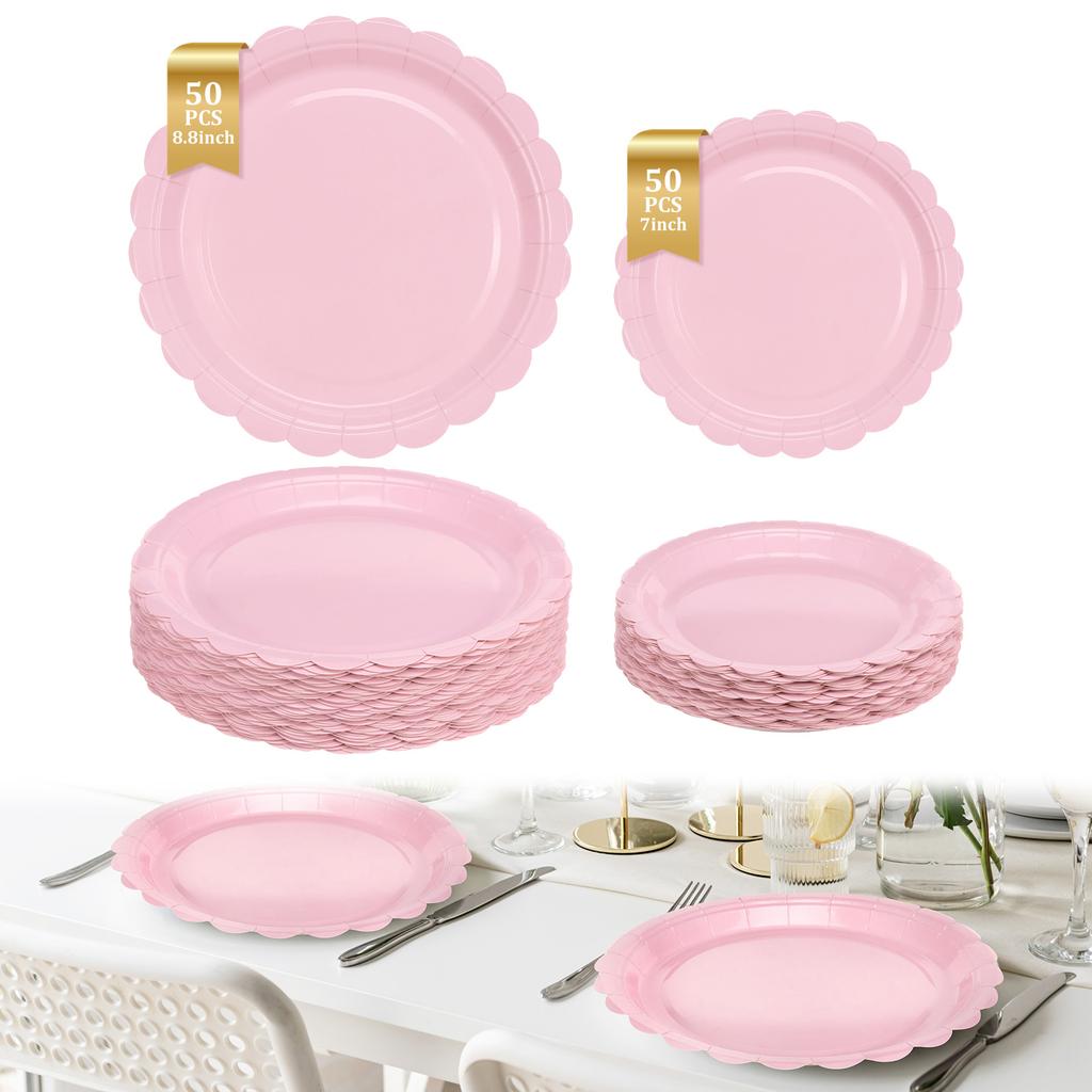100Pcs Thickened Scalloped Paper Plate Set 7/8.8'' Decorative Scalloped Dinner Plate Disposable Dessert Plate for Wedding Party